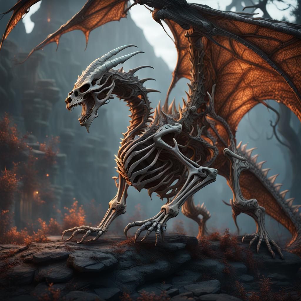 Fantastical Skeleton Dragon in Detailed Matte Painting