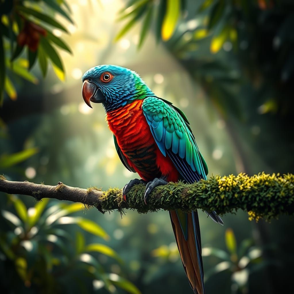Vibrant Parrot on Mossy Branch in Rainforest