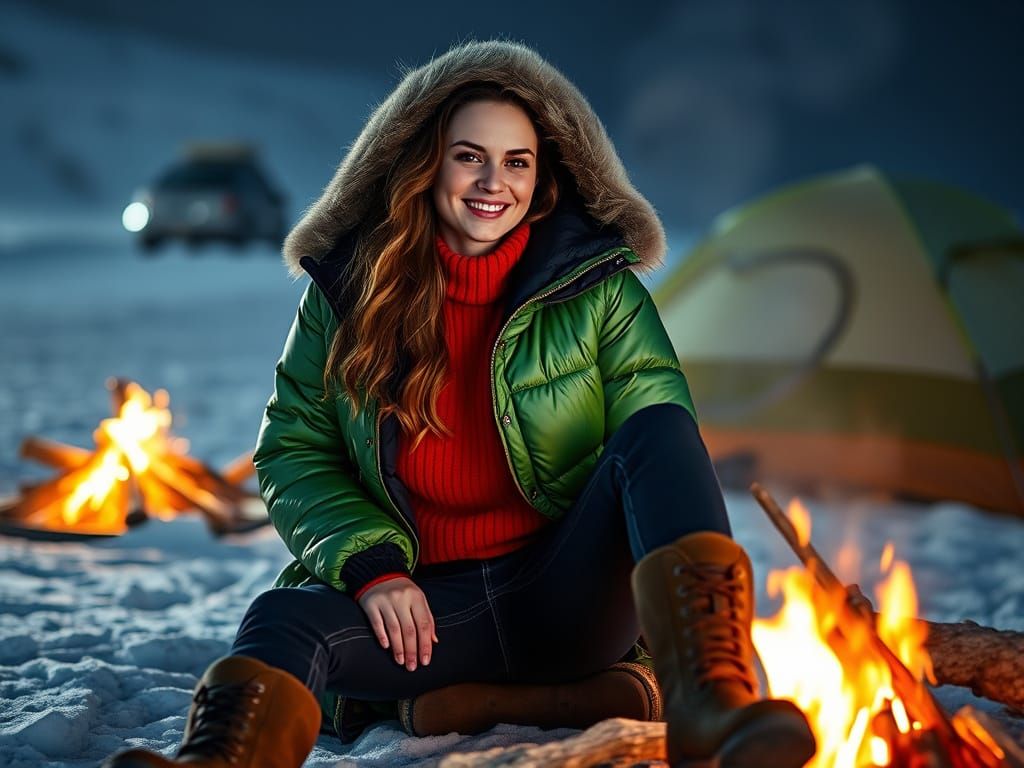 Woman Sits by Campfire on Snowy Beach at Night in Winter Lan...