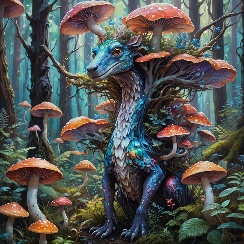 Surreal Dreamlike Creature in Iridescent Forest as Oil Paint...