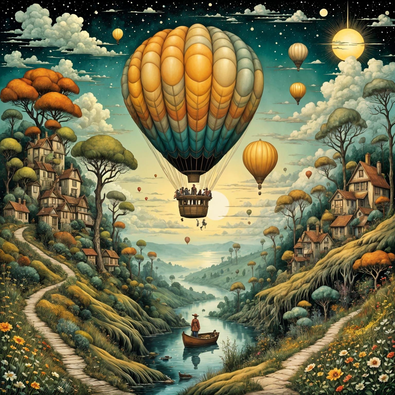 Surreal Hot Air Balloon Over Stormy Seas, Four Seasons Sunse...