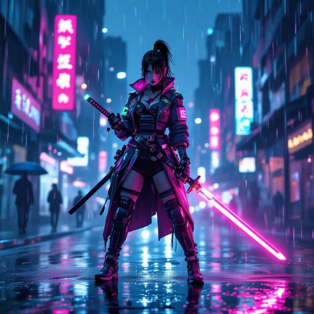 Cyberpunk Samurai Girl in Rainy Cityscape