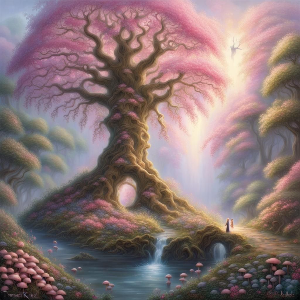 An ethereal Tree of Life adorned with shimmering pink flower...