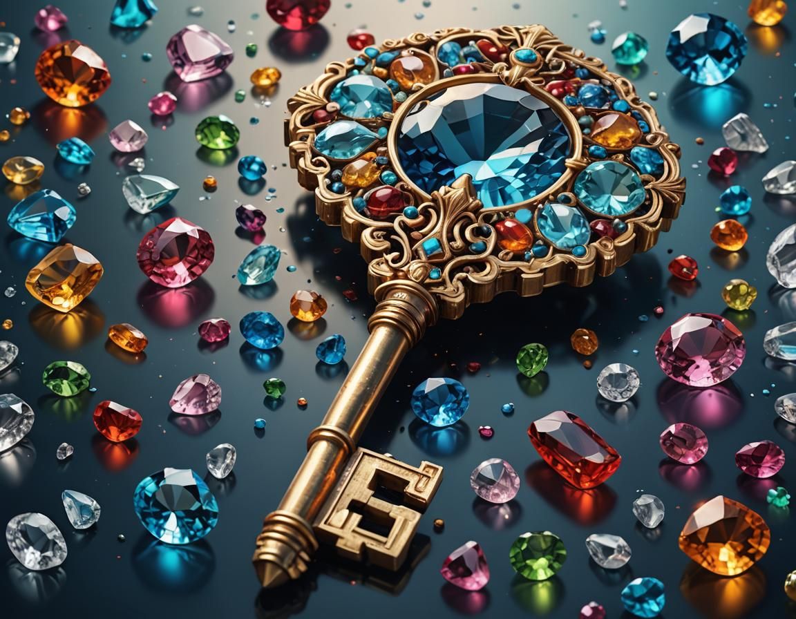 Crystal Key with Precious Stones, Hyperrealistic Art