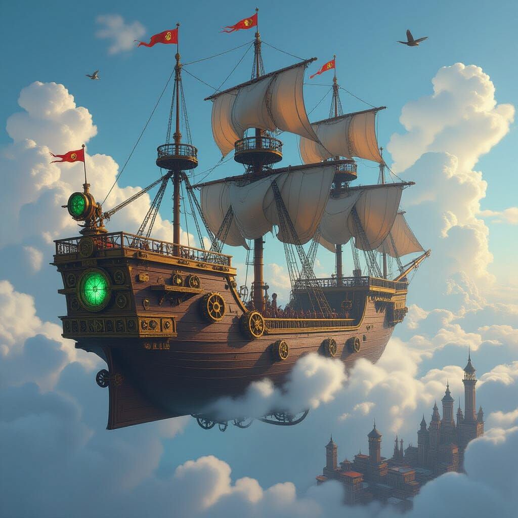 Clockwork Galleon Over Steampunk Metropolis