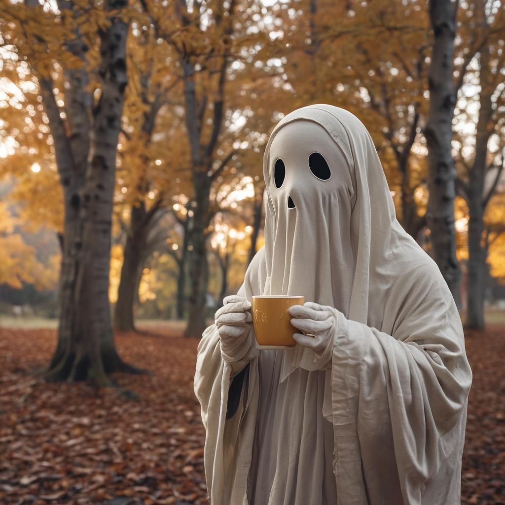 Charming Ghost with Warm Cup in Autumnal Hues