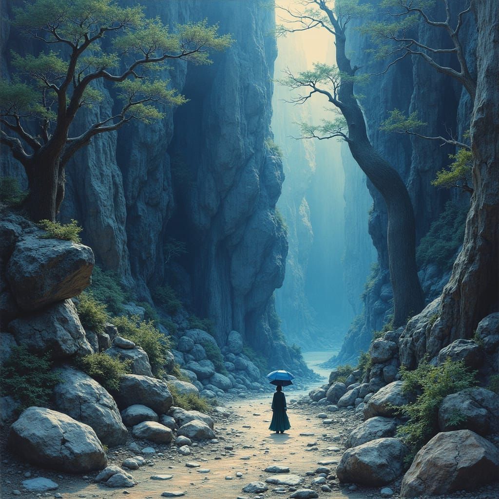 Surreal Cave Hearth in Traditional Chinese Brush Style