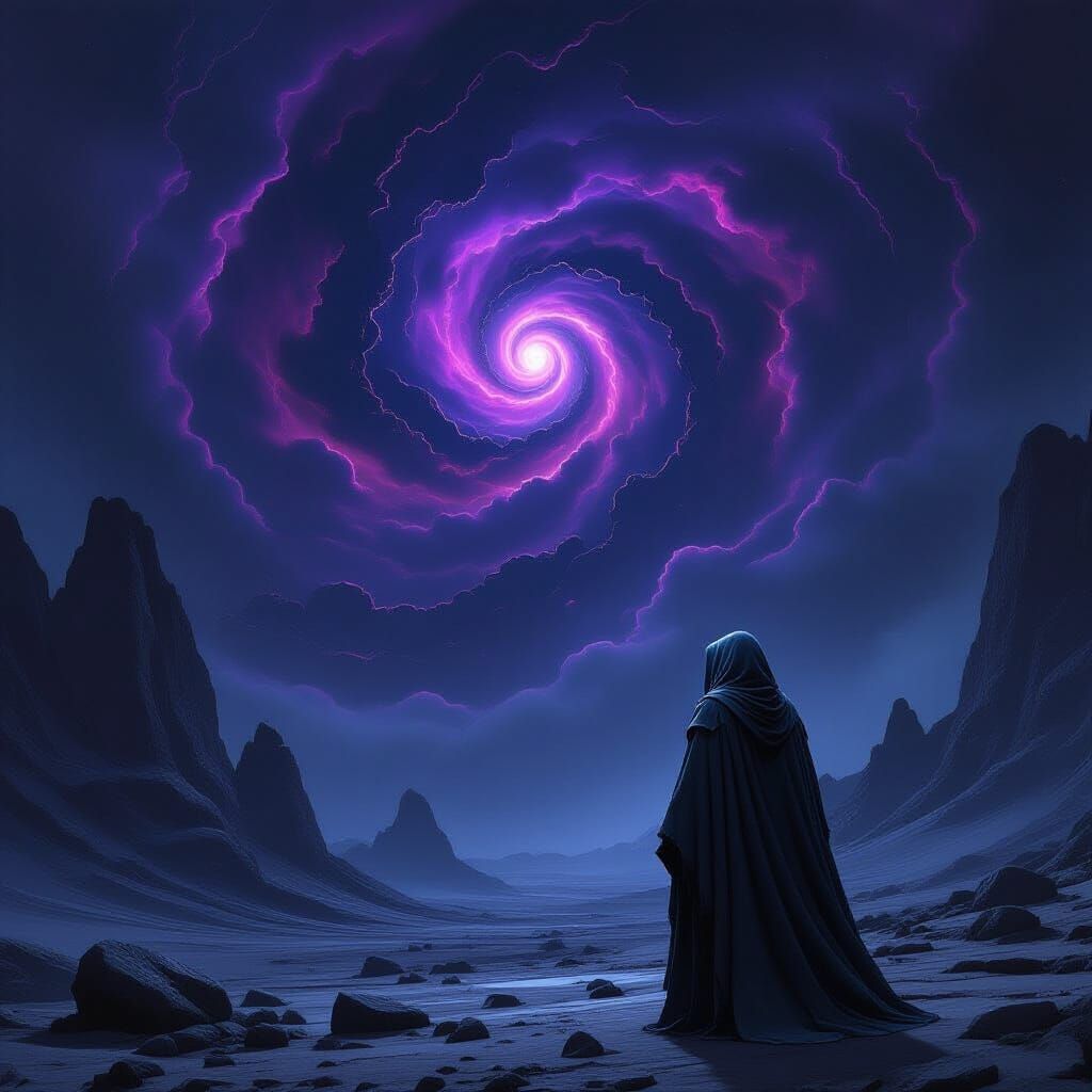 Alien Wanderer Gazes at Nebula in Dark Surrealism