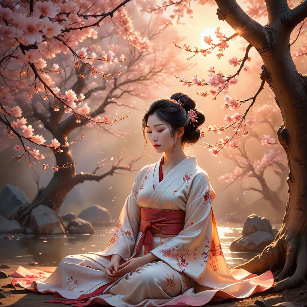 Geisha Meditating Under Blossoming Tree at Sunset
