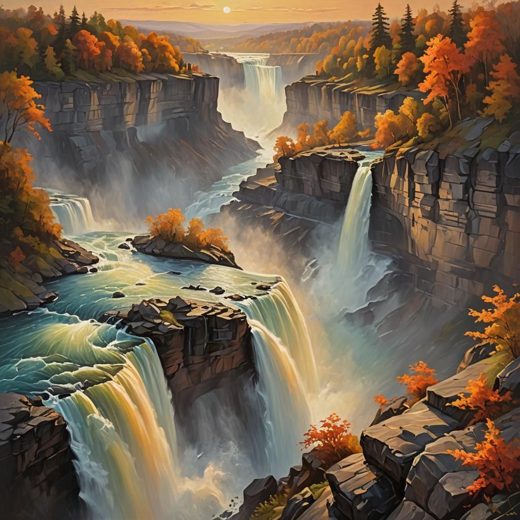Niagara Falls Sunset Oil Painting in Romantic Realism