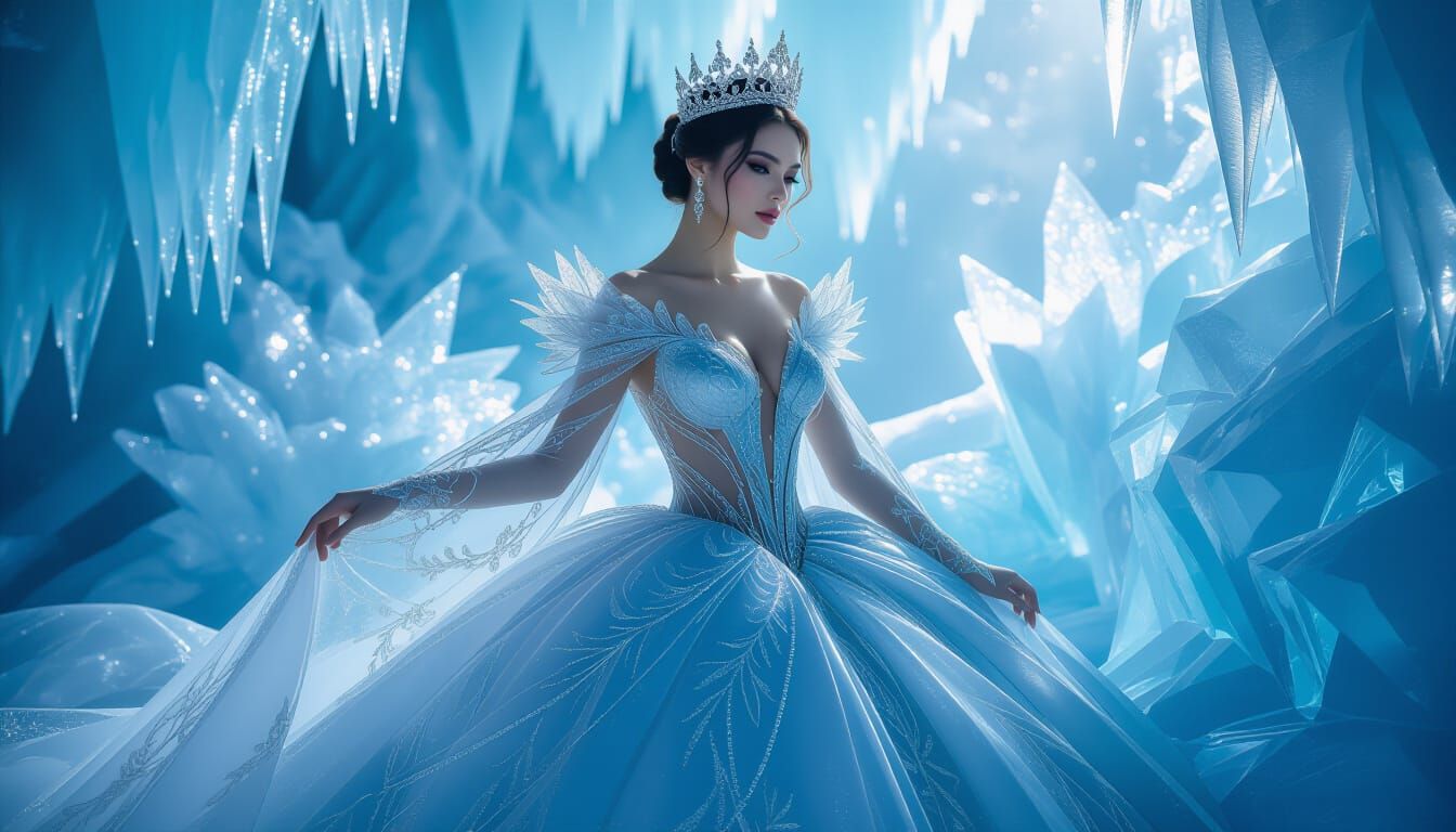 Regal Queen in Shimmering Glass Gown, Frozen Elegance
