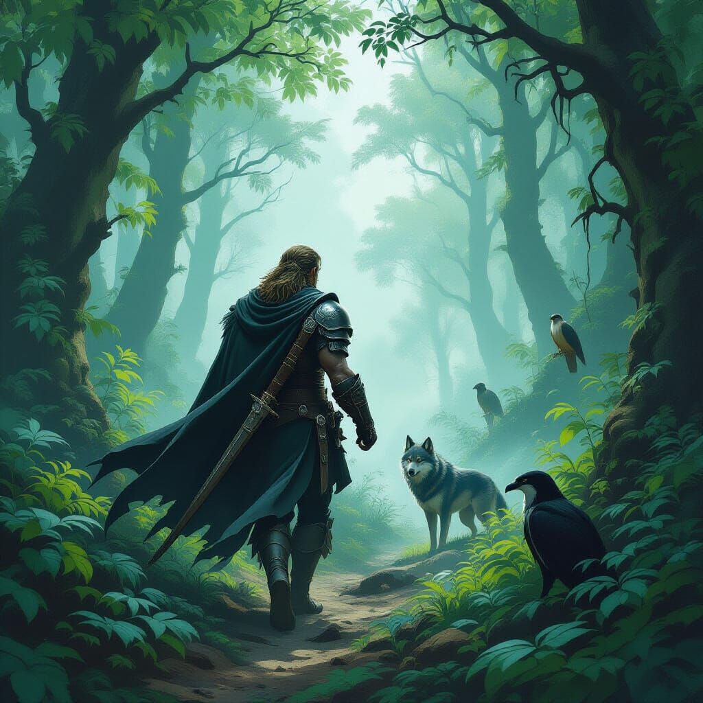 Swordsman in Misty Forest, Fantasy Illustration