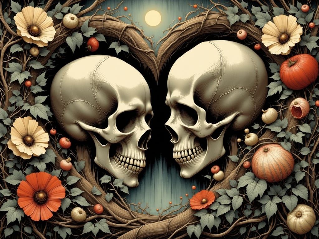 Love and Skulls on Vines Wall Art
