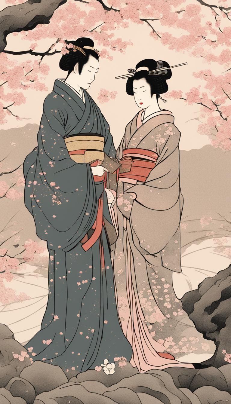 Geisha and Samurai Under Cherry Blossoms as Ukiyo-e Print
