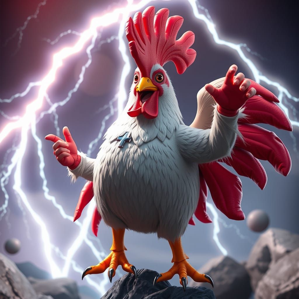 Chicken Superhero in Anime Style with Lightning
