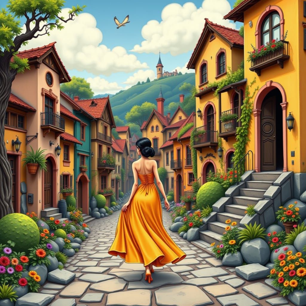Elegant Woman Walks Through Whimsical Village