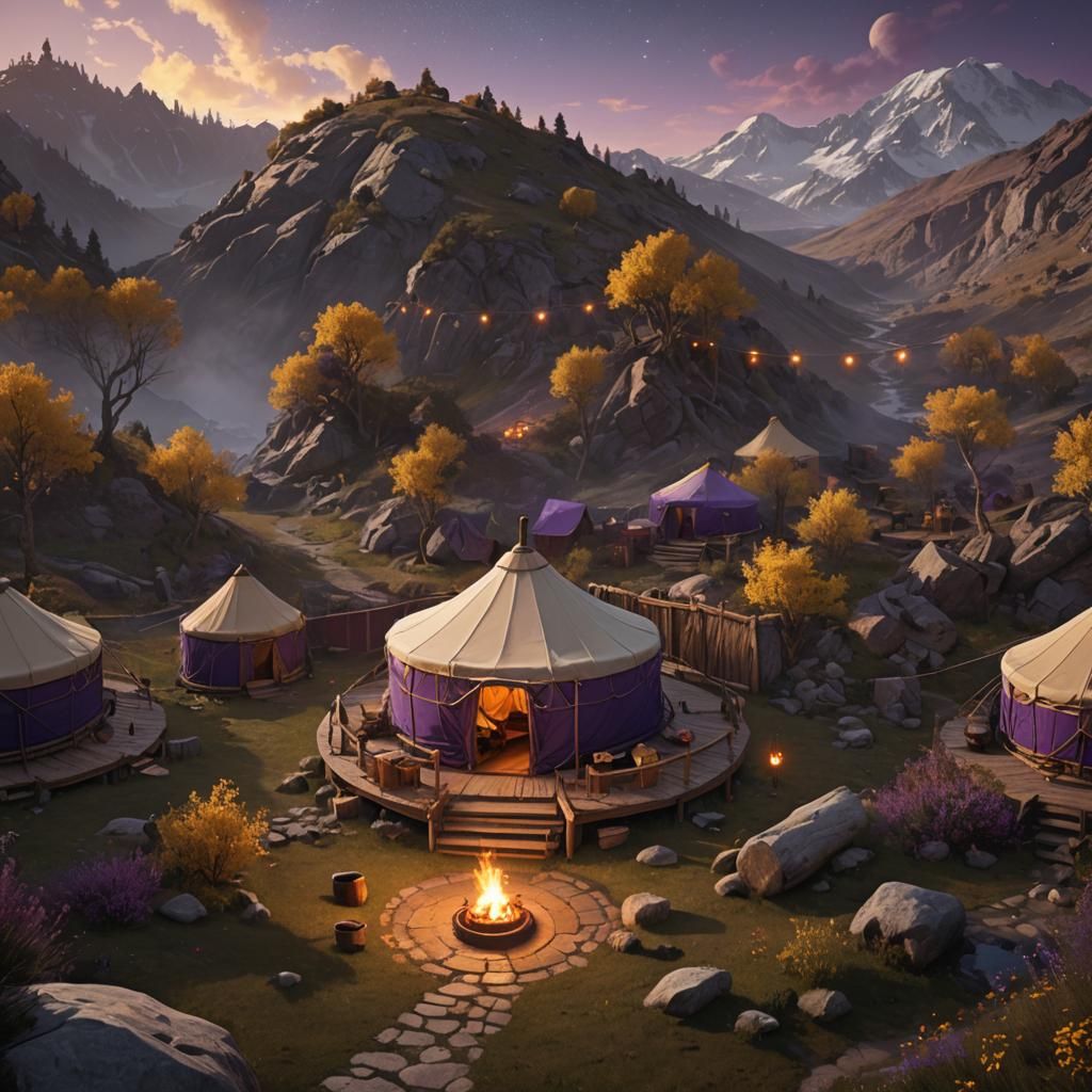 Dark Fantasy Yurt Camping Settlement in 8k