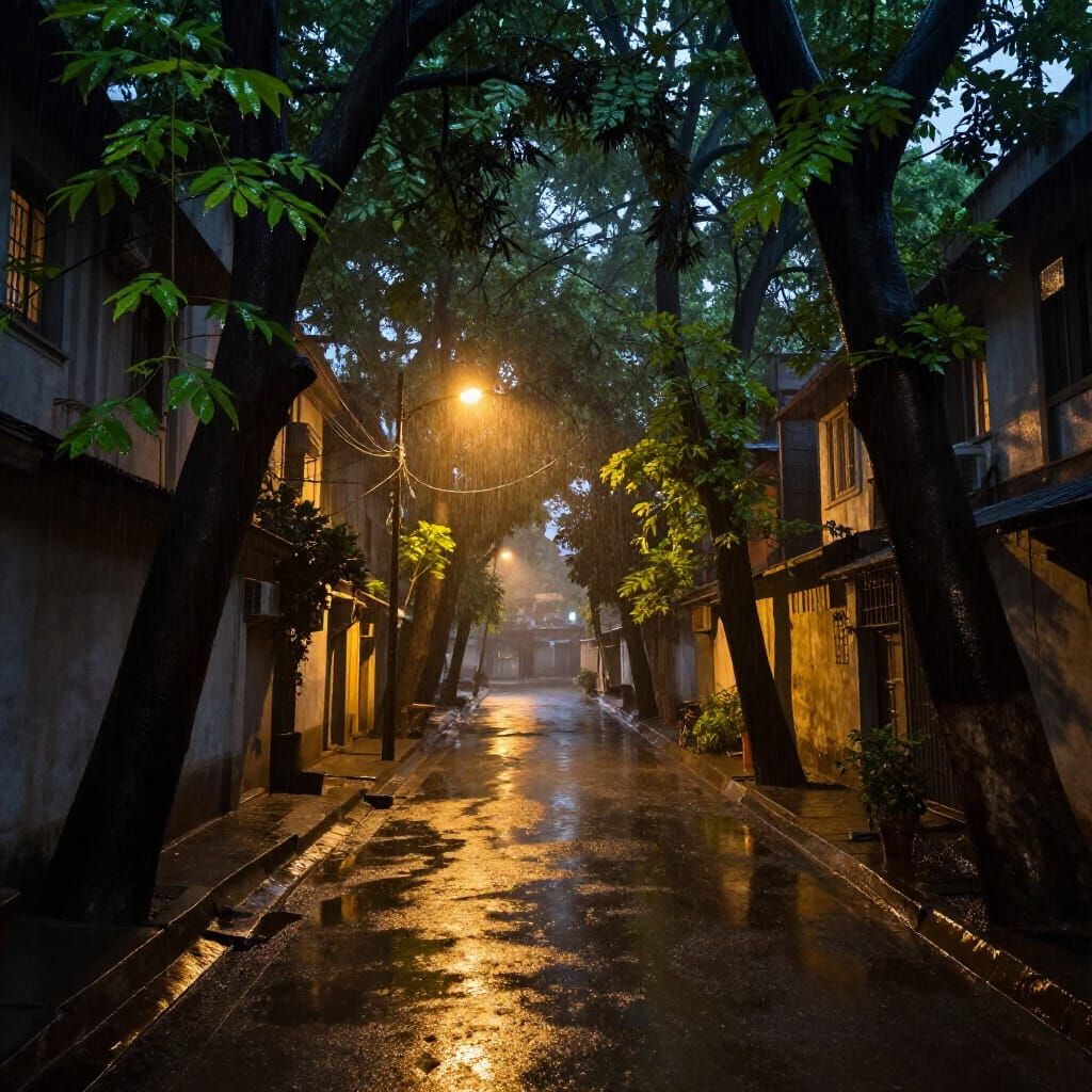 Rainy Night in Old Delhi Alley, Cinematic Photorealism