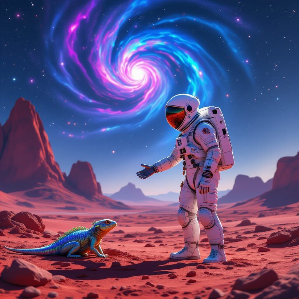 Astronaut Offers Help to Alien Creature on Red Planet