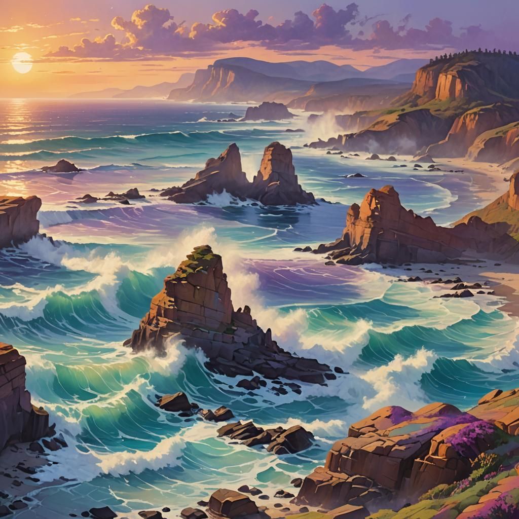 Turquoise Waves Under Violet Sky: Seascape in Watercolour St...