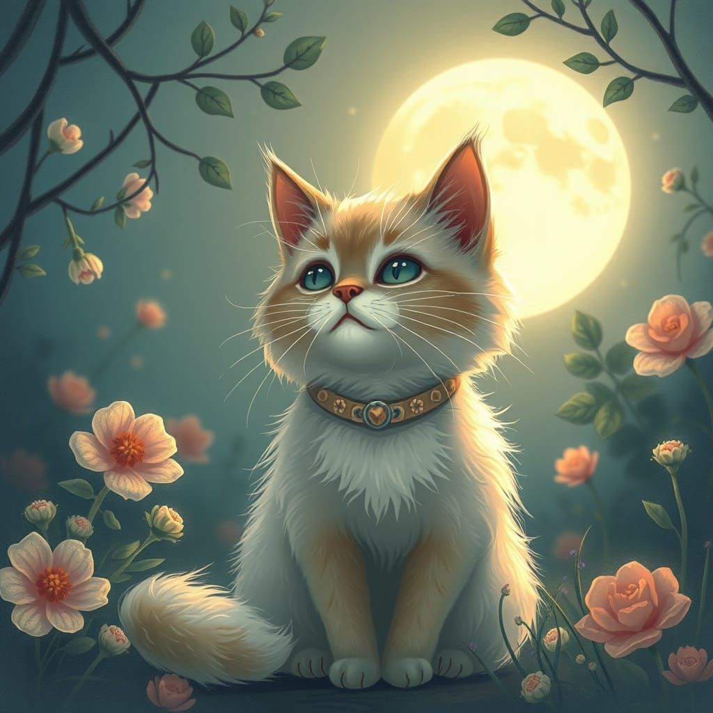 Dreamy Cat in Moonlit Garden, Whimsical Illustration