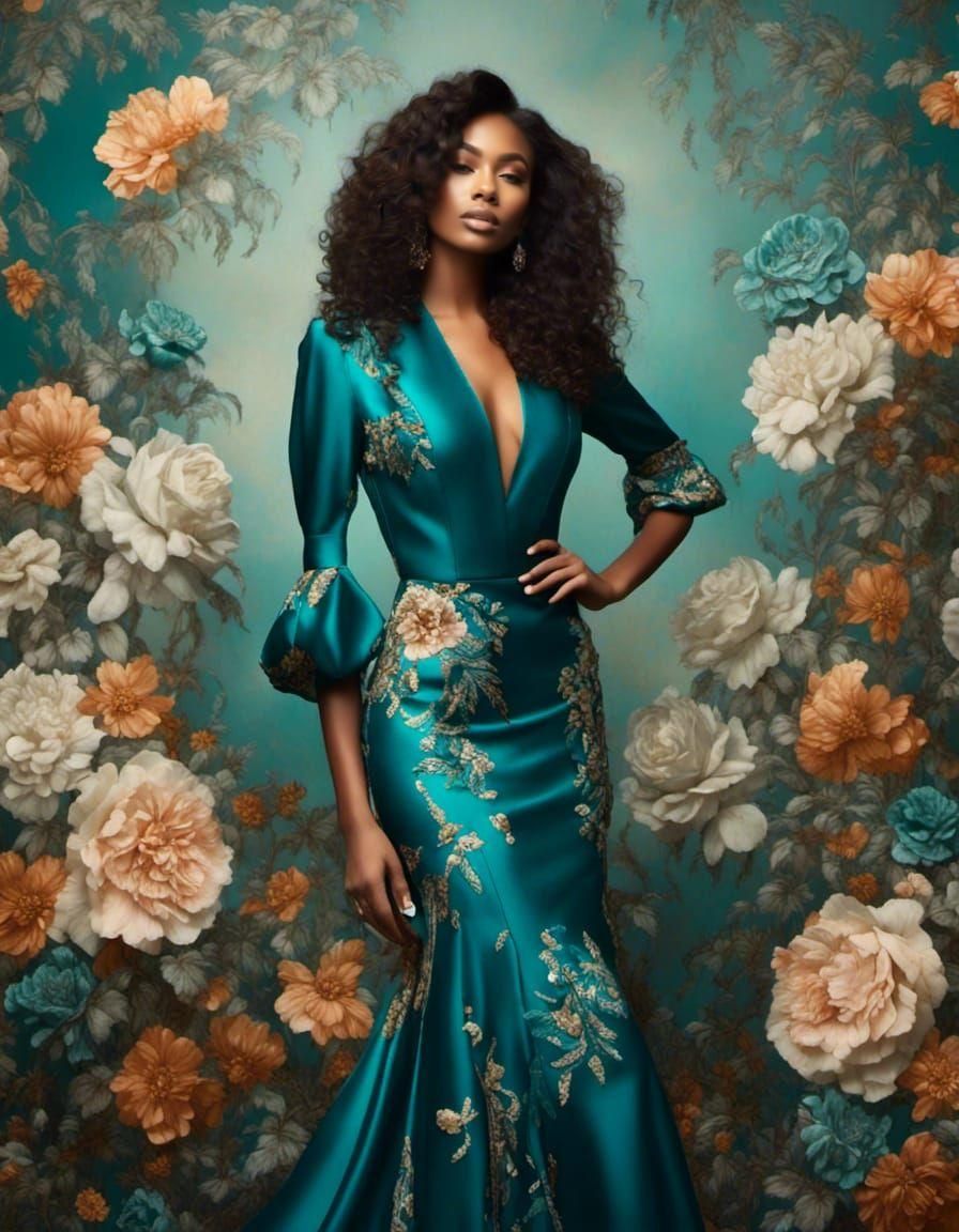 Glamorous Woman in Teal Floral Couture