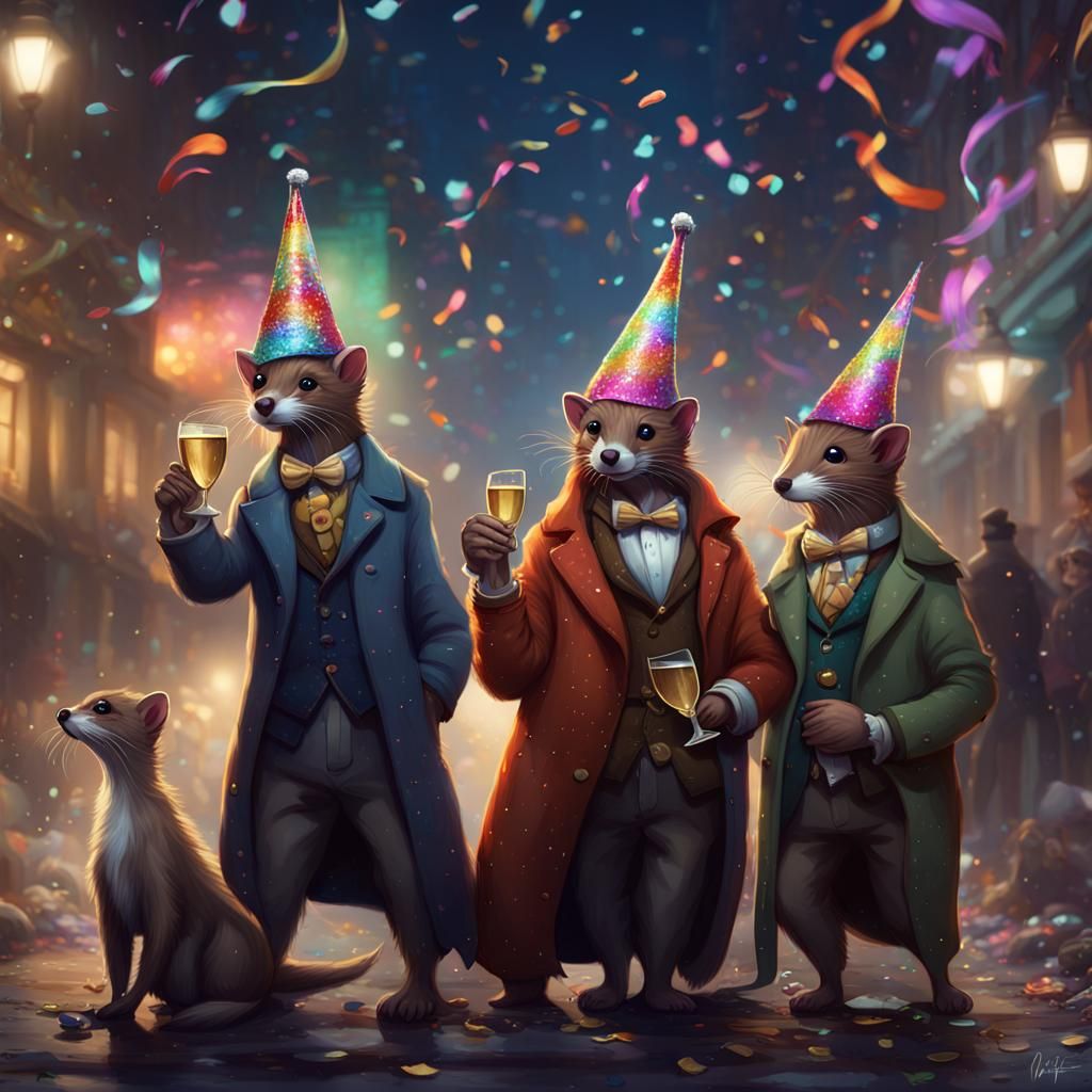 Weasels Celebrate New Year's Eve in Festive Hats