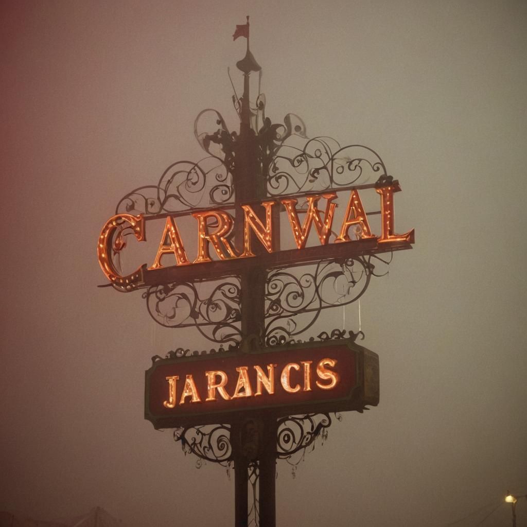 Old-Fashioned Carnival Sign in Red Fog, Cinematic Style