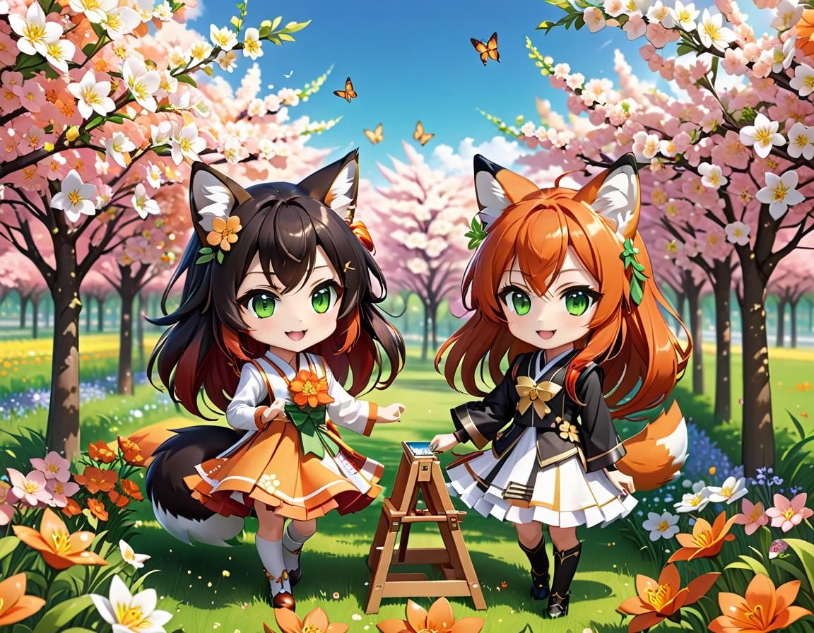 Anime Chibi Girls Painting in Flower Field