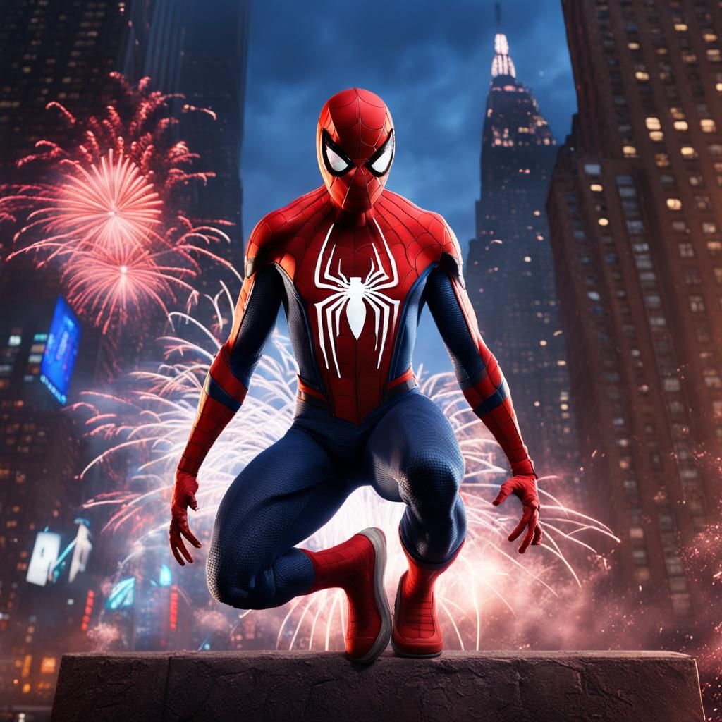 Spider-Man in New York with Fireworks