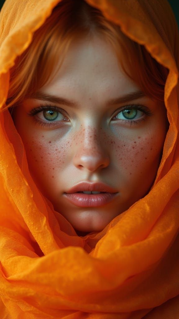 Radiant Woman in Orange Scarf, Hyperrealistic Portrait