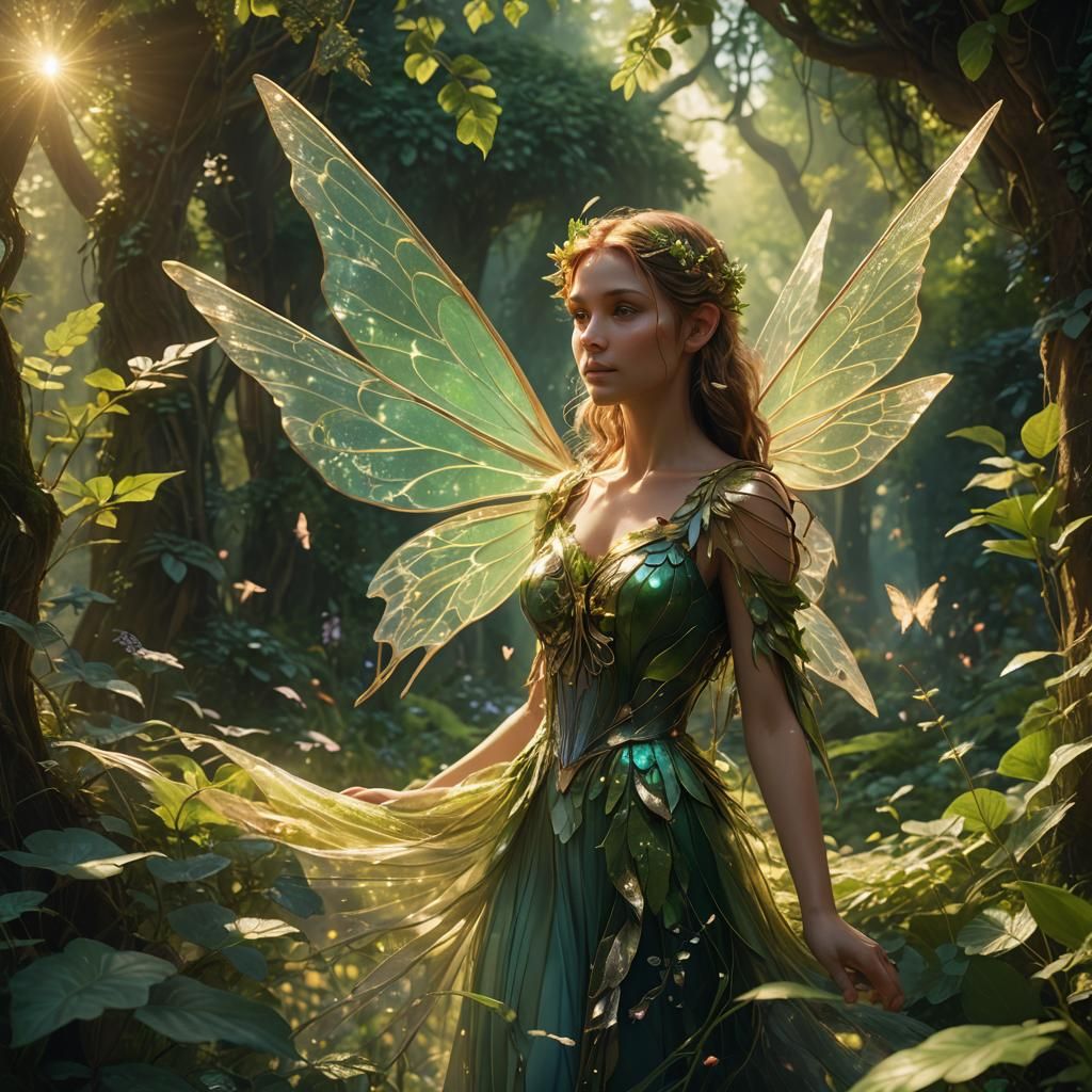 Ethereal Fairy in Lush Greenery: Matte Painting