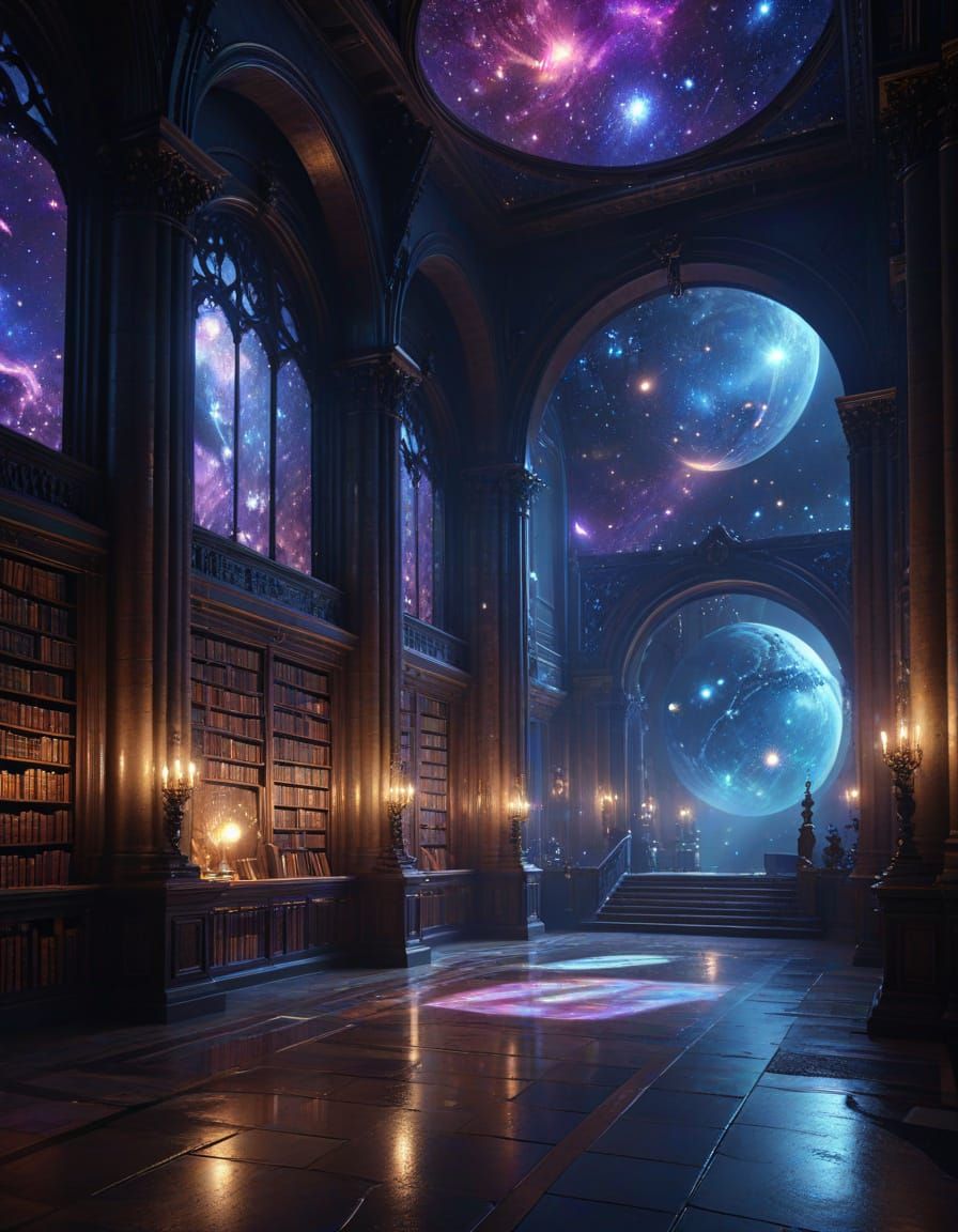 Celestial Librarian in Galactic Library, Alphonse Mucha Styl...