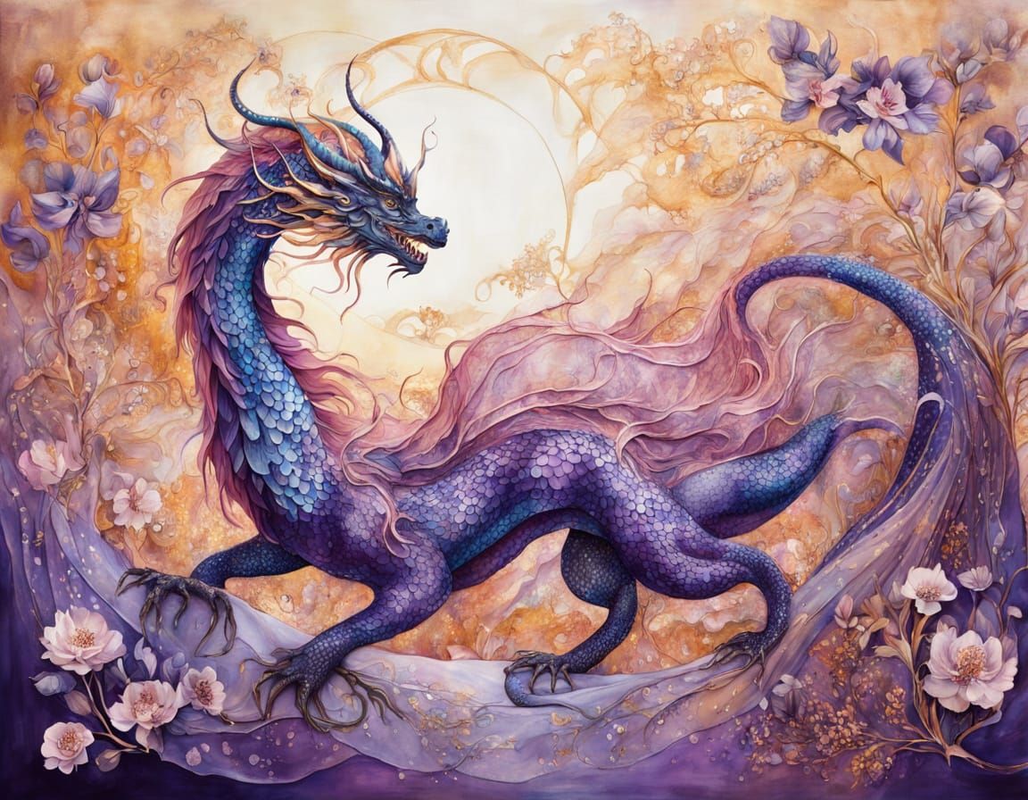 Dragon in Sunlight: Silk Art Nouveau Painting