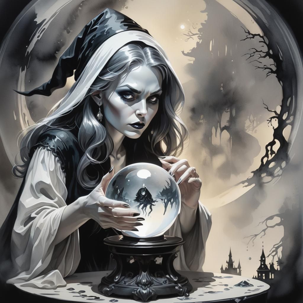 Fantasy Witch Gazing into Crystal Ball Illustration
