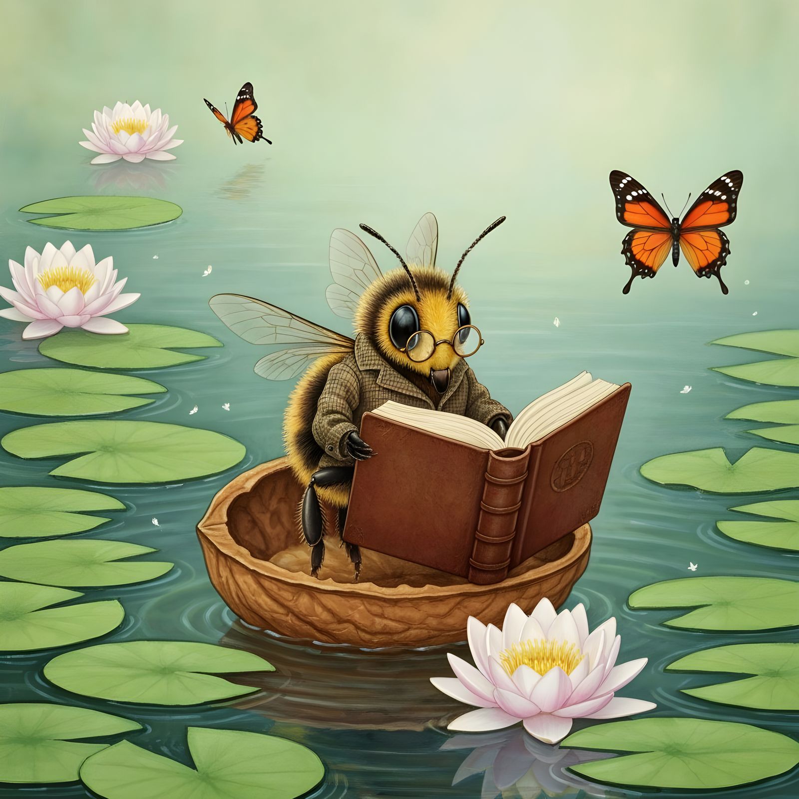 Bee Reading on Lily Pond: Art Nouveau Style
