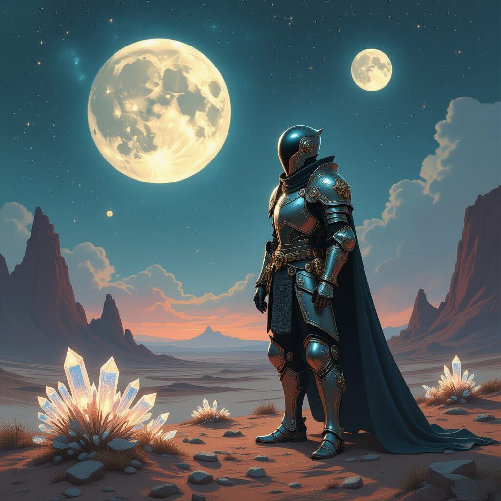 Steampunk Knight on Alien World Amidst Cosmic Wonder