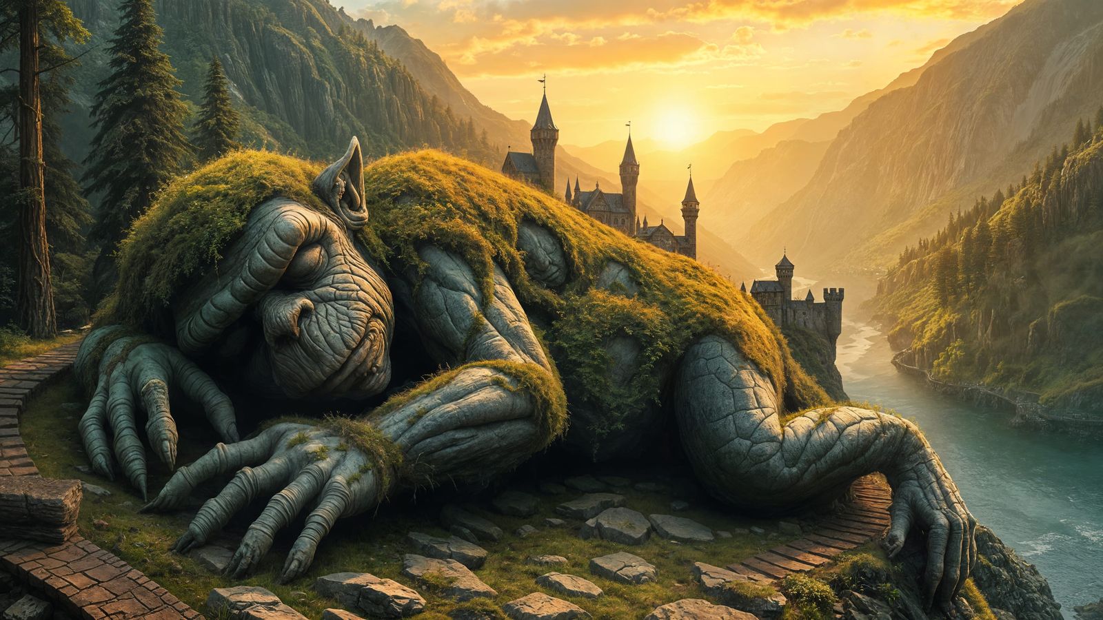 Sleeping Stone Troll Cityscape, in Stalenhag Style