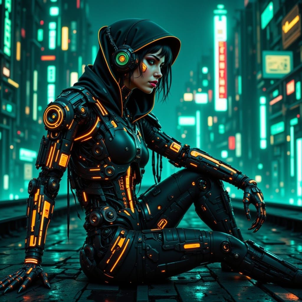 Lean and athletic <lora:Cyborg Women:2.5> female cyborg warrior with bright neon <lora:CyberNitch:1.3> orange 🧡and gree...