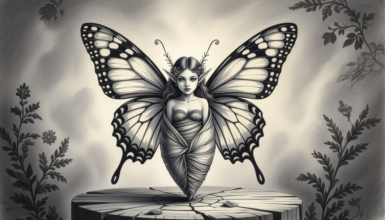 Fae Emerging From Chrysalis in Charcoal Drawing