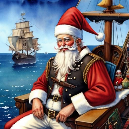 Pirate Santa with Parrot, Watercolour Style