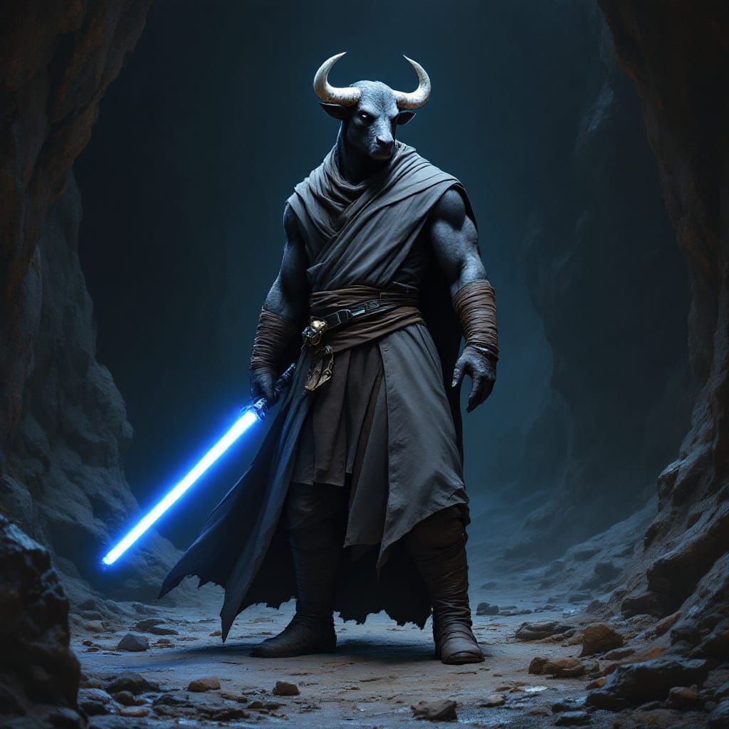 Cyberpunk Jedi Master in Dark Cave