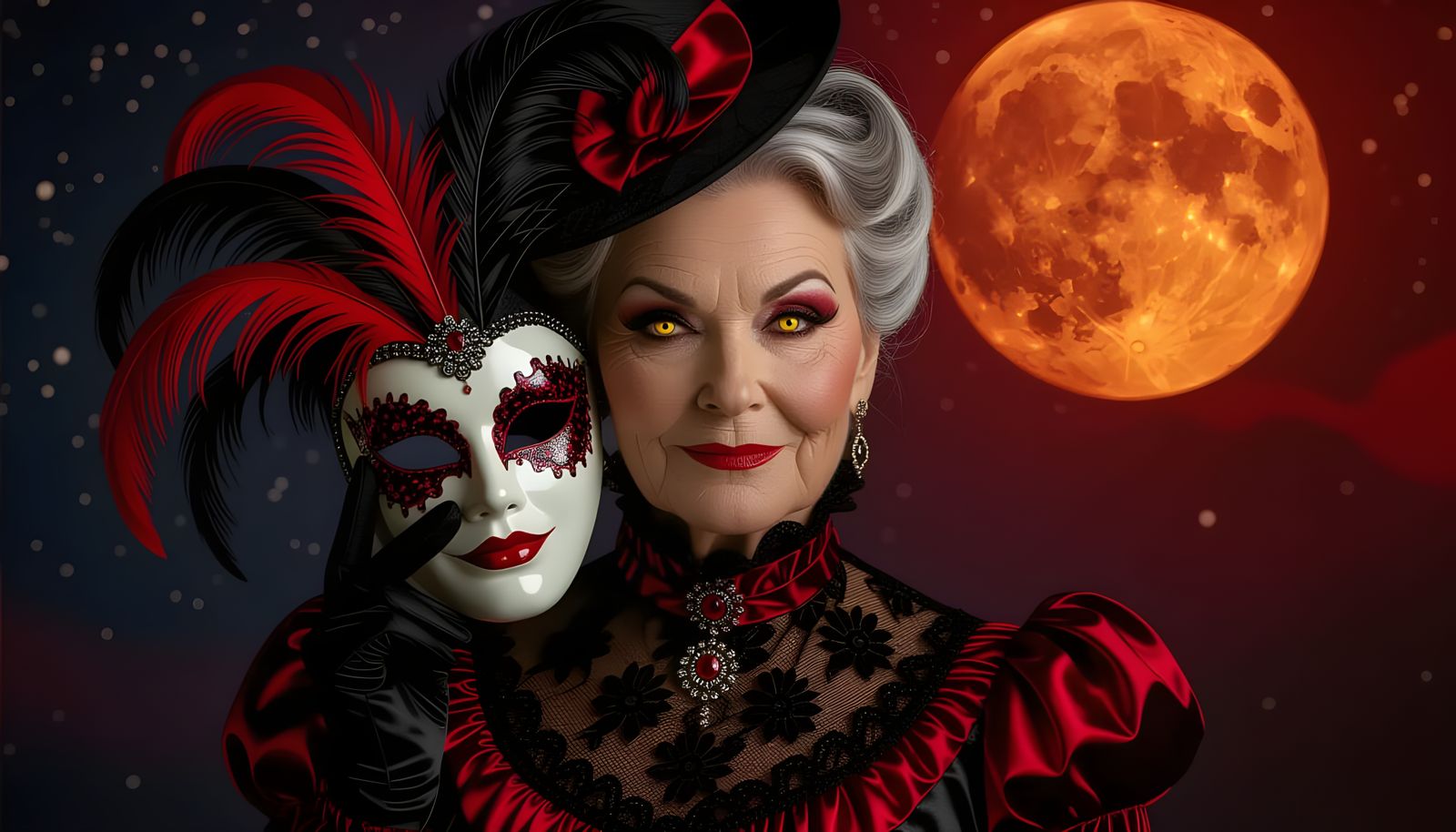 Diabolic Victorian Woman with Mask in Starry Night