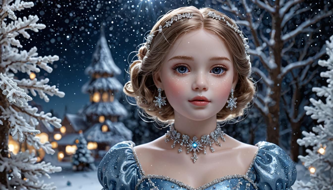 Glass Doll in Sparkling Snow: Hyper-Realistic Digital Art