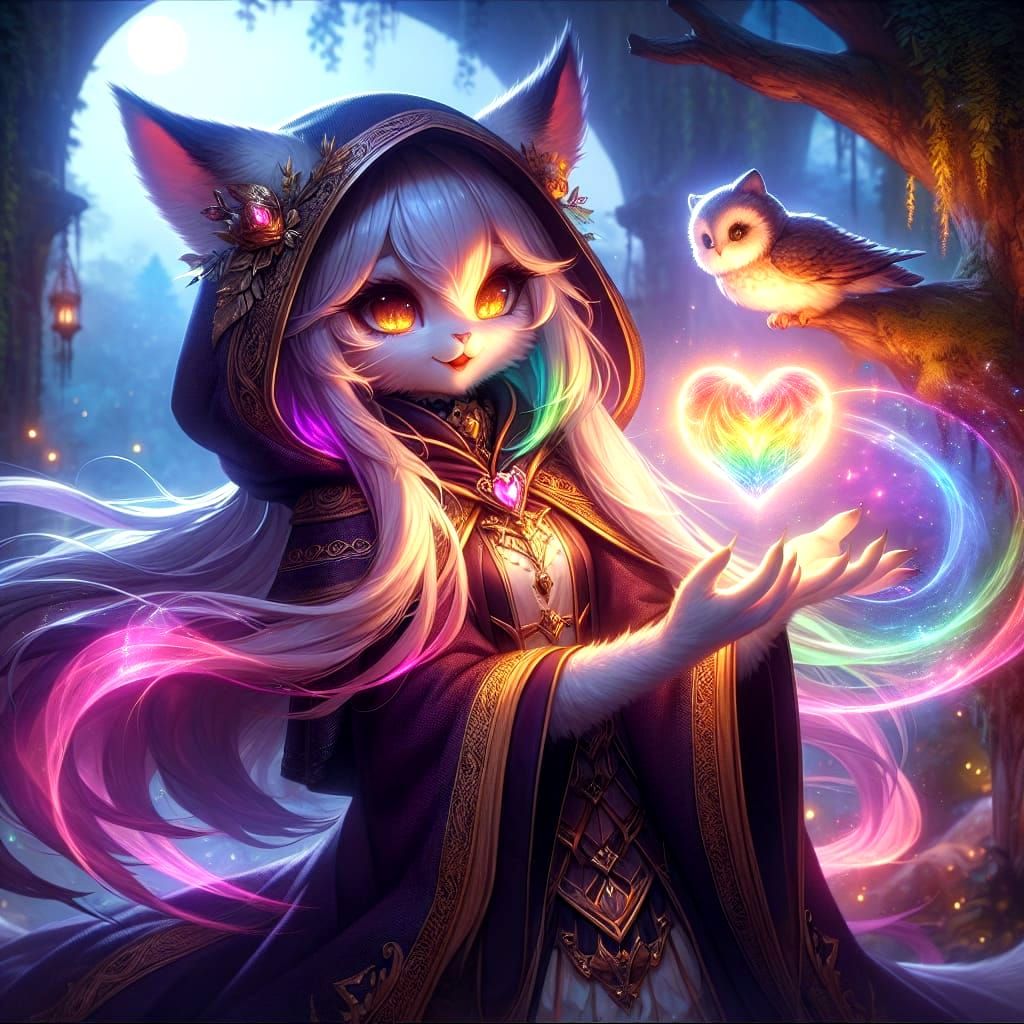 Cute Cat Sorceress with Glowing Heart in Enchanted Forest