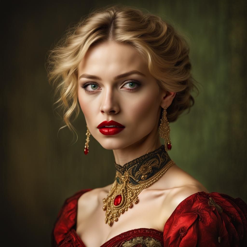 Rembrandt-Style Photo of a Blonde Woman in Red and Gold