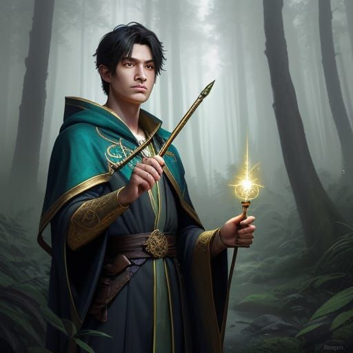 Young Wizard Boy in Magical Forest