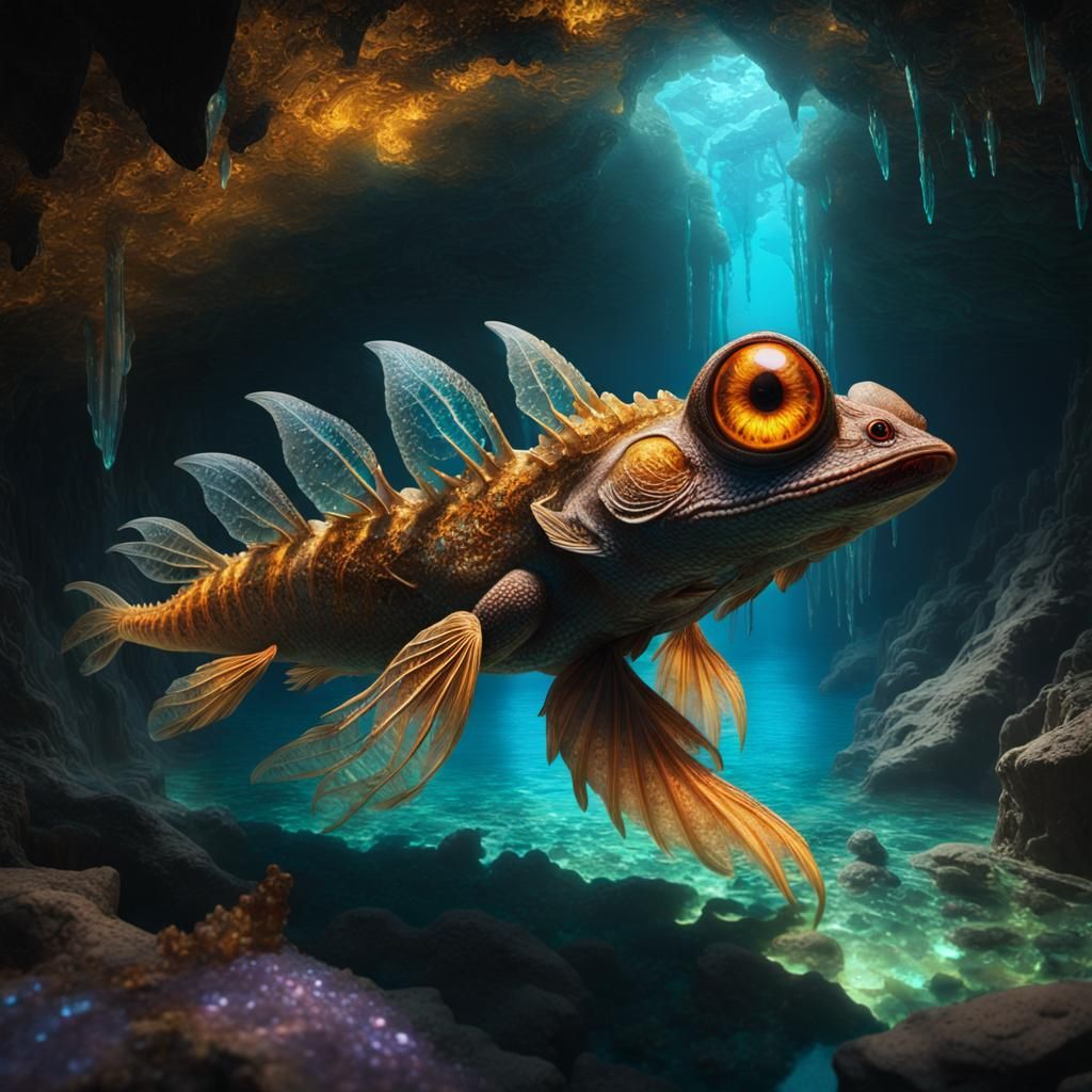 Bioluminescent Cave Creature in Crystal Underground Lake