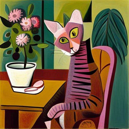 Pink Cat with Flowers in Cubist Style