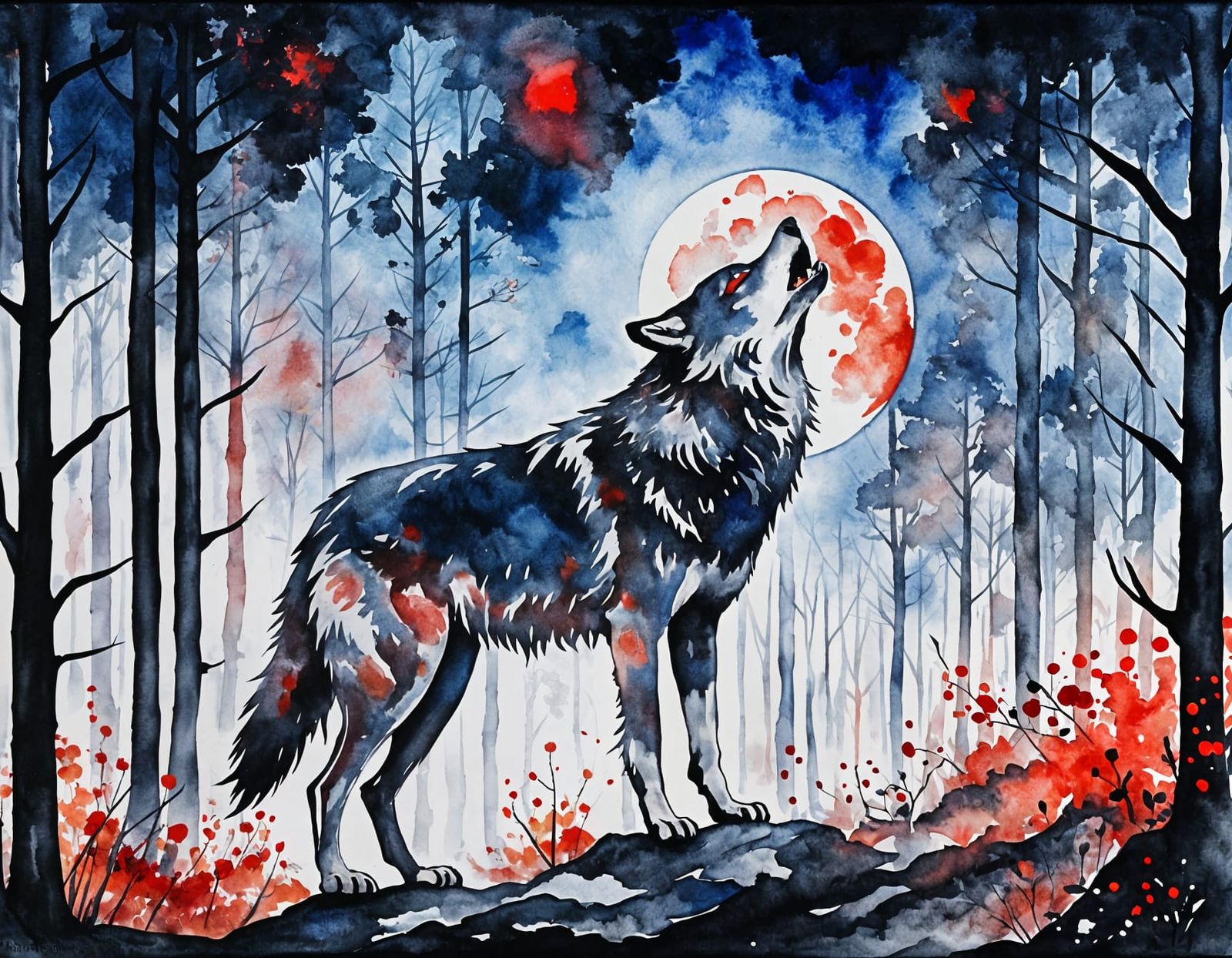 Wolf Howling at Moon in Primordial Forest: Watercolor